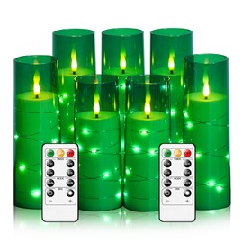 Flameless Candles,with Embedded Star String, Battery Operated Candles Flickering LED Pillar Candles with Remote Control and Timer, Home Decoration Add a Warm and Romantic Atmosphere，Set of 7 (Green)