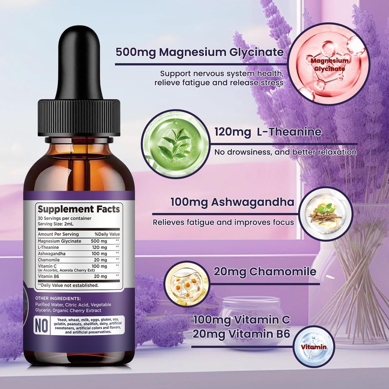 Magnesium Glycinate Liquid Drops 500mg, with Vitamin B6, Ashwagandha, L