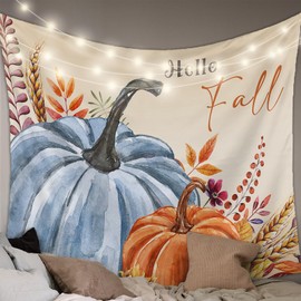 Hello Fall Tapestry Wall Hanging Pumpkin Tapestries Aesthetic Autumn Maple Leaves Wheat Tapestry for Bedroom Living Room College Dorm Room Holiday Thanksgiving Wall Decor Decorative Backdrop 60x80