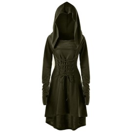 Womens Renaissance Costumes Hooded Robe Lace Up Vintage Pullover High Low Long Hoodie Dress Army Green