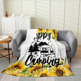 Girls Camper Fleece Throw Blanket Rustic Sunflower Camping Fuzzy Blanket for Bed Sofa Couch Women Luxury Farmhouse Floral Flannel Throw Blanket Camper Lover Plush Blanket Queen 90"x90"