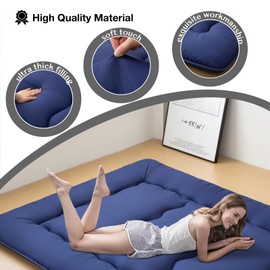 INFINICE Japanese Floor Mattress Futon Mattress, Foldable Roll Up Mattress with Portable Storage Bag, Tatami Mat Sleeping Pad Suitable for Camping, Guest Room, Blue, Queen