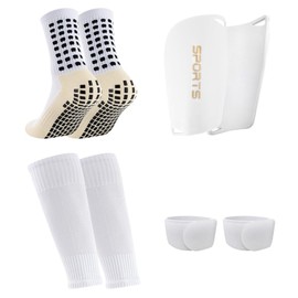 1 Pair Mens Grip Soccer Socks, 1 Pair Shin Sleeves with 1 Pack Shin Guards and 2 Shin Straps, Soccer Football Game Set 5 Pcs