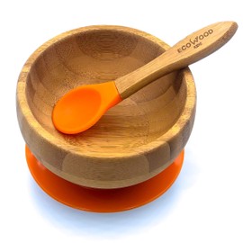 Ecowood® Tazón/Plato Hondo/Bowl de Bambú para Bebe y Niño - Con Base de Silicona Succión Adherente y Antiderrapante (Naranja)