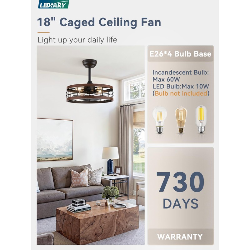 LEDIARY 18 inch Black Caged Ceiling Fan with Light, Bladeless