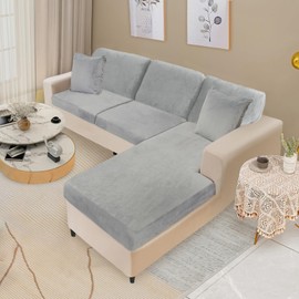 NAISI Sectional Couch Covers 6 Pieces Velvet Couch Cushion Covers L Shape Soft Stretch Sofa Slipcovers with 2pcs Pillowcases for Left/Right Chaise Sectional Couch(2 Seater+1 Chaise+3 Back,Light Grey)
