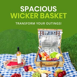 Nature Gear Picnic Basket, Wicker Basket with Handle for Outdoors, Insulated Woven Basket, Includes a Service Kit of Dinnerware & Wine Glasses, Picnic Basket Set for 4, Blue & White