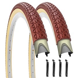 SIMEIQI 2 Pack 24"/26"x2.125" 26"x2.35" Beach Cruiser Bike Tires Brown Cream Retro Color Foladable Replacement Beach Bicycle Tires for Beach City Commuter Hybrid Bicycles (26x2.125)