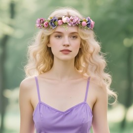 KorViSHOW Purple Flower Crown Headband, Handmade Vintage Rose Flower Headbands, Fairy Floral Headpiece with Ribbon, Renaissance Hair Accessories for Women Girls Birthday Wedding Festivals Party