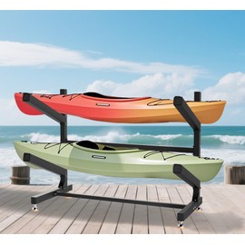 Freestanding Kayak Rack, Heavy-Duty 2-Tier Adjustable Paddle Board Canoe Storage Stand W/Non-Slip EVA Pad, Powder-Coated Steel, Weather-Resistant, Holds 200 lbs Kayak Storage Racks for Garage Outdoor