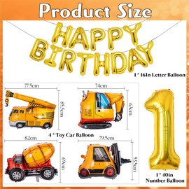 Joybble 1st Birthday Decorations for Boys, Construction Vehicle Themed Party Supplies, Birthday Boy Decorations, Gold Letter Balloons Digger Excavator Crane Cement Truck Bulldozer for 1 Year Old Boys