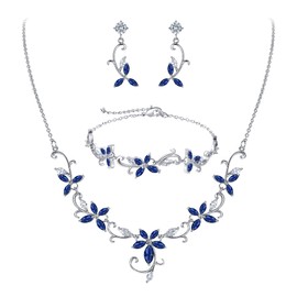 Clearine Bridal Jewellery Set for Women Marquise CZ Statement Necklace Earrings Bracelet for Wedding Prom Party Sapphire Silver-Tone