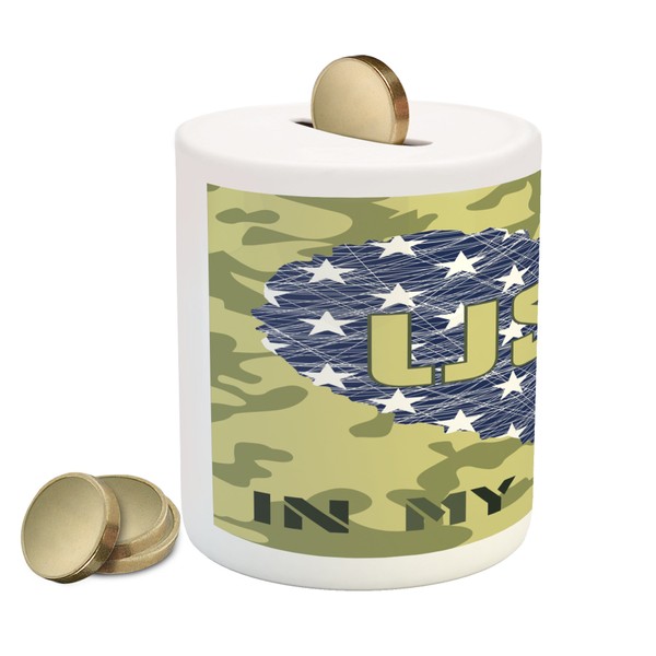 Lunarable National Piggy Bank, Heart Shaped American Flag and Grunge Style Illustration Patriotic Art, Ceramic Coin Bank Money Box for Cash Saving, 3.6" X 3.2", Green Khaki