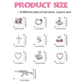 50PCS Y2K Nail Art Charms, CYHYII 3D Star Nail Rhinestones Alloy Nail Gems for Girls, Kawaii Silver Planet Cherry Cross Nail Decorations for DIY Manicure Design