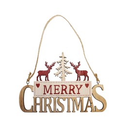 Merry Christmas Wooden Hanging Sign with Reindeer and Tree - Red