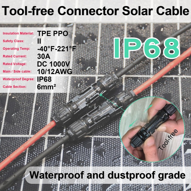 Maoligo Tool-free Solar Connector 6 mm² T-Solar Cable Adapter for
