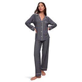 Eberjey Women'S Gisele Printed Long PJ Set Duo Stripe True Navy/Ivory Large, Inseam: 30.5