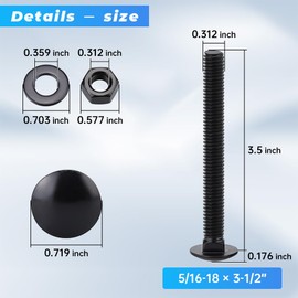 Glvaner (8 Sets) 5/16-18 x 3-1/2" Stainless Steel Carriage Bolts Screws Black and Hex Nuts & Flat Washers Black, Round Head Square Neck, 304 Stainless Steel 18-8, Full Thread Coverage