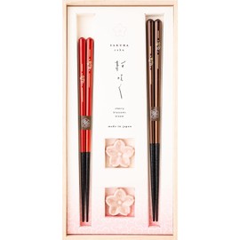 Hashikura Matsukan S-12190 Chopsticks, Dishwasher-Safe, Husband and Wife Chopsticks, Natural Wood, Pair Set, 9.1 inches (23 cm), 8.3 inches (21 cm), Chopsticks Rest Included, Sakura Saku, Sakura,
