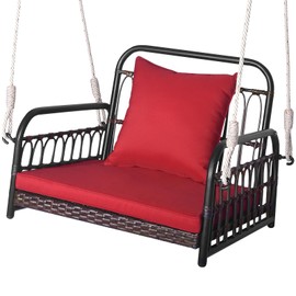 DORTALA Hanging Porch Swing, 1 Person Patio Wicker Swing Chair with Metal Frame, Cushion, Ropes & Hooks, Outdoor PE Rattan Swing Seat for Lawn Garden Backyard Balcony, Red