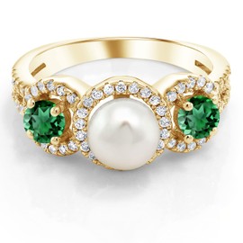 Gem Stone King 18K Yellow Gold Plated Silver Round Green Nano Emerald and Cultured Freshwater Pearl Ring For Women (1.40 Cttw, Available In Size 5, 6, 7, 8, 9)