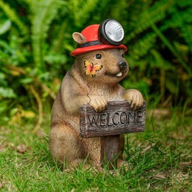 TOLIMI Groundhog Welcome Garden Statue with Solar Headlamp – Funny Animal Outdoor Yard Decor with LED Light and Butterfly – Waterproof Resin Garden Ornament for Patio, Lawn, Pathway