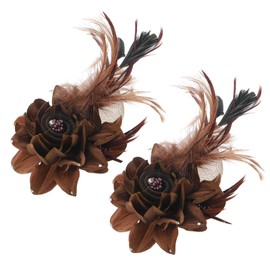PATIKIL Floral Hair Clip, 2 Pcs Elegant Flower Feather Brooch Pin Hat Silk Wedding Party Dance Banquet Pins Accessories Camellia Charm Lady Dress Suit, Brown with Black Feathers