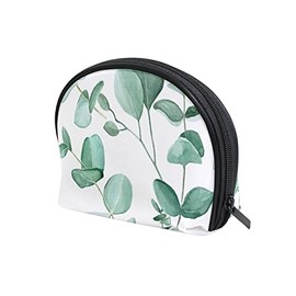 Seamless Watercolor Green Eucalyptus Leaves on a White Women Shell Shape Makeup Bag, Portable Coin Purse Holder Zipper Pouch Travel Cosmetic Organizer,Train Toiletry Storage Case