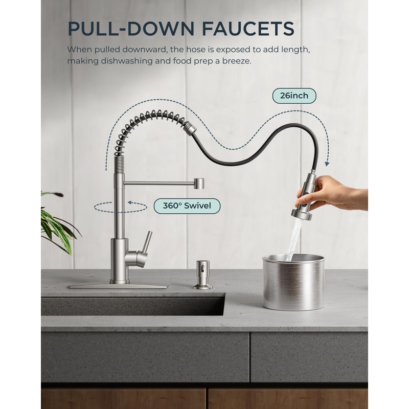 FORIOUS Kitchen Faucets, Brushed Nickel Kitchen Sink Faucet with Pull