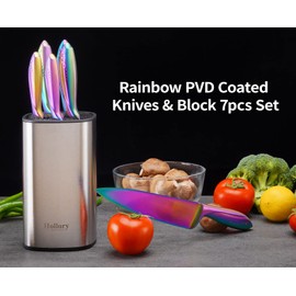 Rainbow Knives Block Set 7 Pieces, Iridescent German High Carbon Stainless Steel Kitchen Knives Pack with Universal Knife Holder