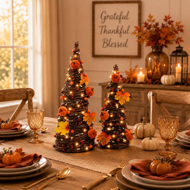 Lighted Fall Table Tree, Pumpkin Tabletop Decor for Thanksgiving Home