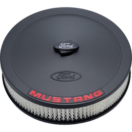 Ford 302-362 Air Cleaner Assembly - 13 in Round - 2.625 in Element - 5-1/8 in Carb Flange - Drop Base - Red Mustang Logo - Steel - Black Crinkle - Kit