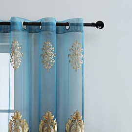 ELKCA Cortinas traslúcidas bordadas de lujo para sala de estar, cortinas de tul azul pavo real para dormitorio, cortina de hilo transparente, ojales en la parte superior, 52 pulgadas de ancho x 84 pulgadas de largo, 2 paneles