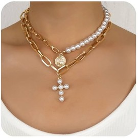 Pearl Cross Necklace with Vintage Seal Inlaid Pearl Necklace Gold Double-Deck Adjustable Extender