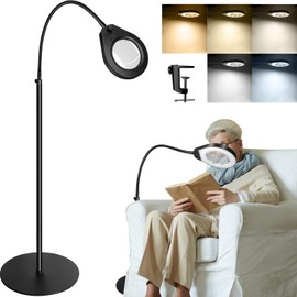 Beyamz Magnifying Floor Lamp with 5-Color 10-Step Dimmable LED Lights, 5X Magnifying Glass with Light and Floor Stand - New Rotary Switch Design