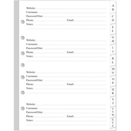 Password Book Refills - A-Z Password Notebook Refill Paper with Alphabetical Tabs, 120gsm White Paper, 7-Hole/Desk Size 4, 5.8" x 8.3"