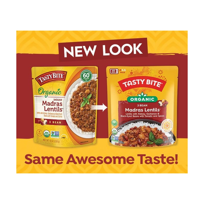 Tasty Bite Organic 3 Bean Madras Lentils Vegan Microwaveable Indian