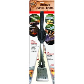 Jokari Pro Grade 6 in 1 Lighted Grill Tool. All in One Cooking Utensil Includes Easy Grip Handle, Spatula, Adjustable Tongs, Knife Blade, Scraper, Bottle Opener and LED Flashlight for Night Grilling.
