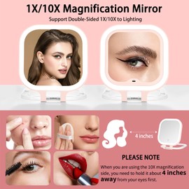 DESCHEN Rechargeable Travel Makeup Vanity Mirror with Lights and Magnification, Portable 1X/10X Magnifying Mirror with 3 Color Light, Lighted Makeup Mirror with Magnification, Folding LED Desk - Pink