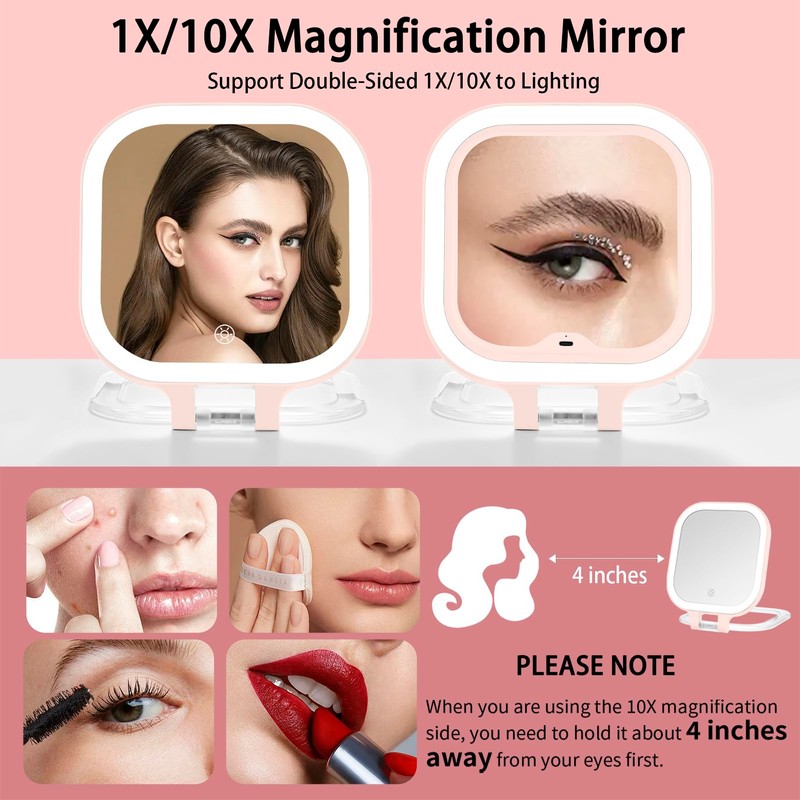 DESCHEN Rechargeable Travel Makeup Vanity Mirror with Lights and Magnification,