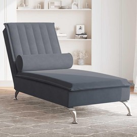 vidaXL Massage Chaise Lounge with Bolster - Dark Gray Velvet, Vibration Function, Plywood Slats, Metal Feet - 53.9" L x 22" W x 29.5" H