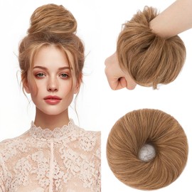 Elailite Hair Buns Hair Piece Real Human Hair Straight Hair Covered Scrunchies Donuts Updo Chignon Smooth Neat For Women - #6R Light Brown