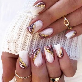 Purple White Smudge Press on Nails with Marble Design, Glossy Gold Glitter Medium Square False Nails Gel Glue on Nails, Gradient Manicure Art Acrylic Fake Nails Stick on Nails for Women Girls 24Pcs