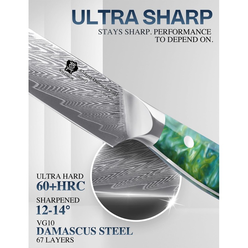 WILDMOK Japanese Damascus Steel Utility Knife, Multipurpose Super Sharp, Slicing,
