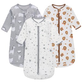 Sleep Sack Long Sleeve 3 Pack 100% Cotton Baby Wearable Blanket Long Sleeve Sleeping Sack for Infant 0-18 Months (Giraffe + Gray stars +Lion, 6-12 Months)