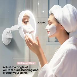 10X/1X Makeup Mirror with Lights and Magnification, 7.1” Wall Mounted Desktop Double-sided Magnifying Mirror with Suction Cup, 360°Swivel Rechargeable Travel Vanity Mirror with 3 Colors & Dimmable