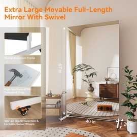 Hasipu Home Gym Mirror 360° Swivel on Wheels, 67" x 40" Extra Large Full Body Rolling Mirror, Tempered Glass Easy to Move Full Length Mirror for Yoga Studio, Bedroom, Dancing Studio, White