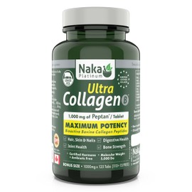 Naka Platinum Ultra Collagen featuring 1000 mg of Peptain each tablet,Maximum Potency Bioactive Bovine Collagen Peptides. For Skin, Nails, Bones and Joints (125 tabs)