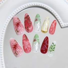 UEYRSEDB Pink Flower Press on Nails Medium Almond Spring Fake Nails with 3D Pink Flower Design Butterfly Glue on False Nail Spring Summer Flowers Artificial Stick on Nail for Women Girls 24Pcs