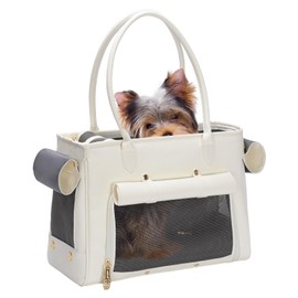 Fashion Pet Carrier Purse for Small Cat and Dog, Luxury Pu Soft-Sided Tote Bag with Large Pockets for Dogs and Puppies (White, 15.8" L x 7.5" W x 11.8" H)